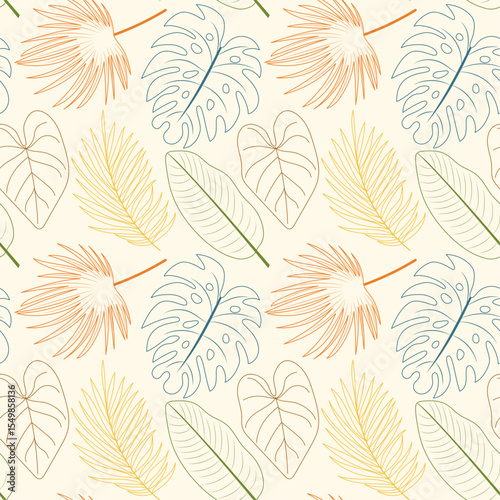 Seamless vector pattern with monstera, palm leaves. Outline drawing. Perfect for textiles, wallpapers, wrapping paper. Botanical pattern with tropical leaves.