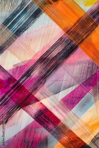 Fluid diagonal lines and geometric forms intertwining, with a mix of warm and cool tones creating a sense of movement 