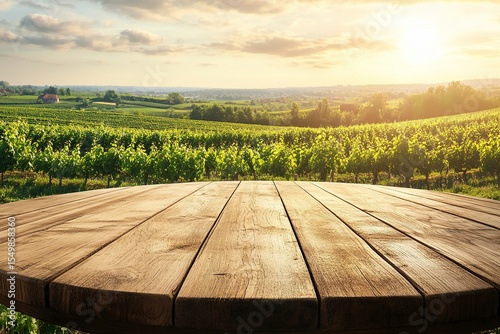 Empty, beautiful, round wooden tabletop counter on an interior in a clean and bright vineyard field