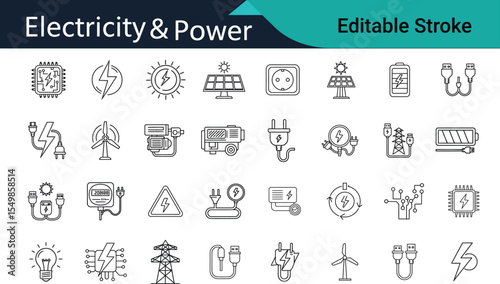 Electricity & Power Line Icon Set - Solar, Battery, Plug, Generator, Cable, Editable Stroke Vector