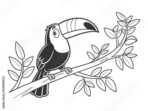 Cute toucan bird character coloring book page, coloring page, animal, black and white, isolated, vector art, wild farm forest zoo animals