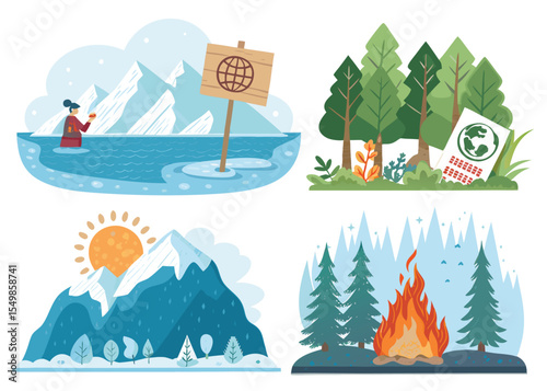 Conceptual illustrations of melting glaciers, rising sea levels, climate protest signs, burning forests, and renewable energy sources