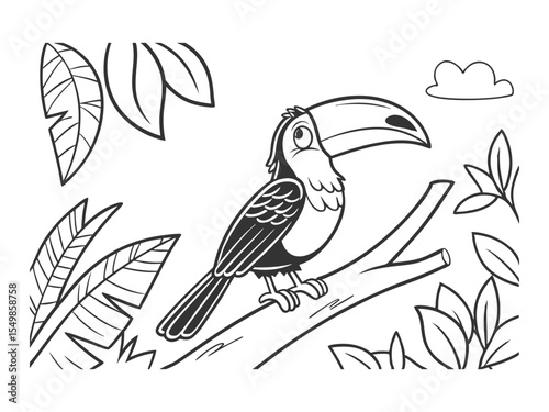 Cute toucan bird character coloring book page, coloring page, animal, black and white, isolated, vector art, wild farm forest zoo animals