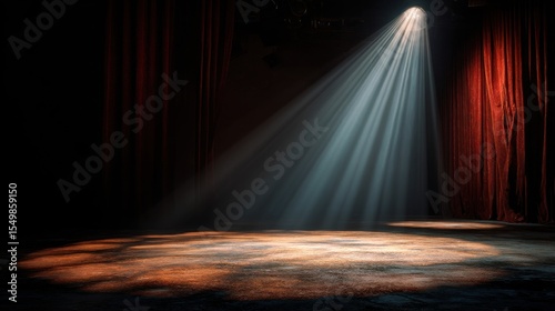 Empty theater stage with a single bright spotlight creating dramatic shadows and highlighting the performance area.
