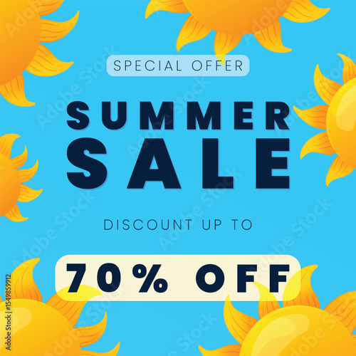 Summer Sale Banner Design with Smiling Suns on Blue Sky Background Vector Illustration.
