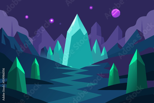 Enchanted Crystal Valley A Nighttime Fantasy Landscape Illustration