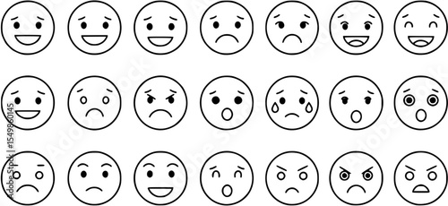 Flat linear emoji faces icons set - vector art featuring diverse facial expressions.
