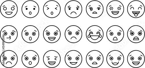 Flat linear emoji faces icons set - vector art featuring diverse facial expressions.
