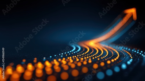 A curved arrow graph business growth, pointing to the top right, made of blue and orange color motion lights, dark blue background.