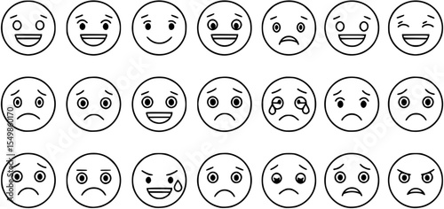 Flat linear emoji faces icons set - vector art featuring diverse facial expressions.
