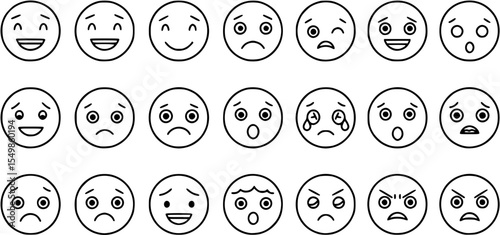 Flat linear emoji faces icons set - vector art featuring diverse facial expressions.
