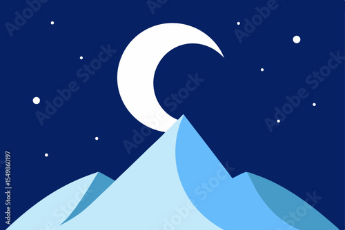 Crescent Moon over Serene Mountains A Nighttime Landscape Illustration