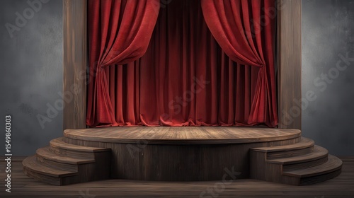 A classic wooden stage with rich red curtains drawn back, isolated against a monochrome background, ready for a dramatic performance.