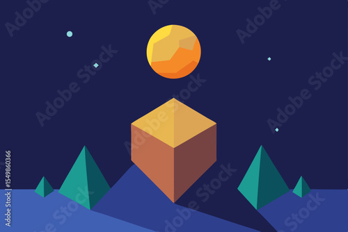 Abstract Night Landscape Geometric Moonlit Mountains and Cube