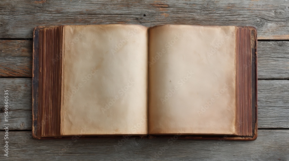 Fototapeta premium Overhead view of an open old book with blank pages.