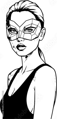 Sexy woman in mask. Graphics, vector, minimalism. Portrait of a beautiful girl in a bathing suit. Black bodysuit. Black and white drawing.
