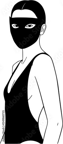 Sexy woman in mask. Graphics, vector, minimalism. Portrait of a beautiful girl in a bathing suit. Black bodysuit. Black and white drawing.
