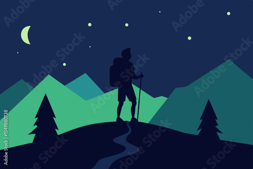 Night Hiking Adventure Silhouette of Hiker in Mountain Landscape Under Starry Sky