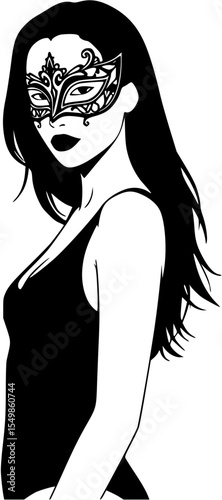 Sexy woman in mask. Graphics, vector, minimalism. Portrait of a beautiful girl in a bathing suit. Black bodysuit. Black and white drawing.
