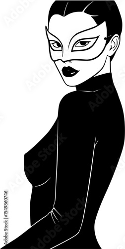 Sexy woman in mask. Graphics, vector, minimalism. Portrait of a beautiful girl in a bathing suit. Black bodysuit. Black and white drawing.

