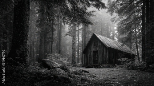 old wooden cabin at the edge of a dense, eerie forest known as the Black Woods.