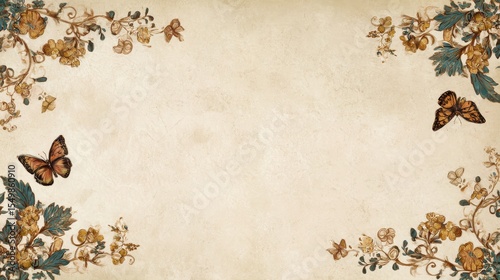 A beautiful vintage floral border with small butterflies and vines on white paper.