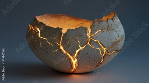A broken clay vessel emitting a warm, glowing light from its cracks.