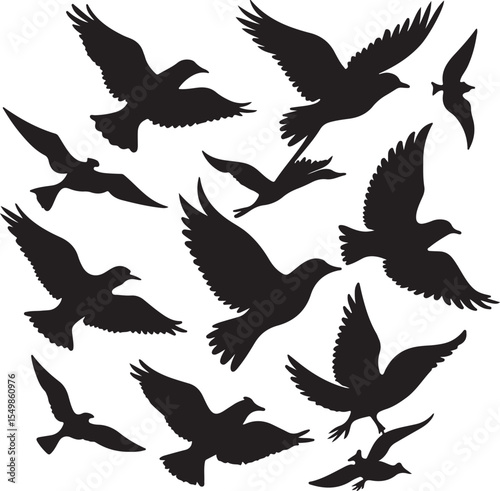 Flying Bird Silhouette Set – multiple birds in flight with varied wing positions.
