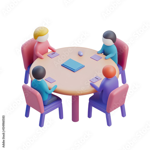 Cartoon Characters Engaged in Discussion Around a Table on a Transparent Background
