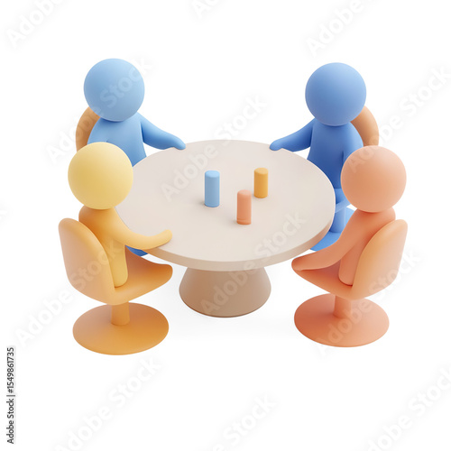 Cartoon Characters Engaged in Discussion Around a Table on a Transparent Background