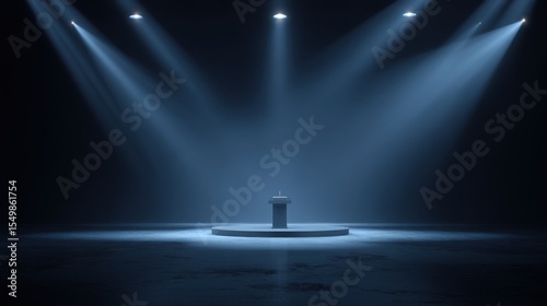 A sleek, dark blue room with dim lighting, dramatic spotlights focused on a lone medal podium.