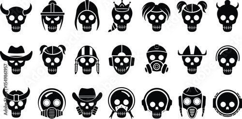 Skull Avatar Icon Set – Vector Collection of Skull Faces with Helmets, Hats,  Masks