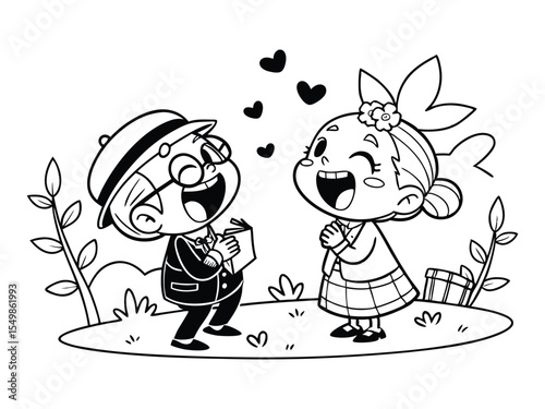 Cute happy grandparent laughing together, kawaii chibi character, vintage design Valentine's Day couple