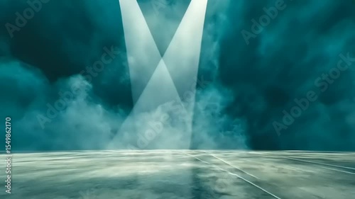 Mysterious Teal Stage with Spotlights and Smoke