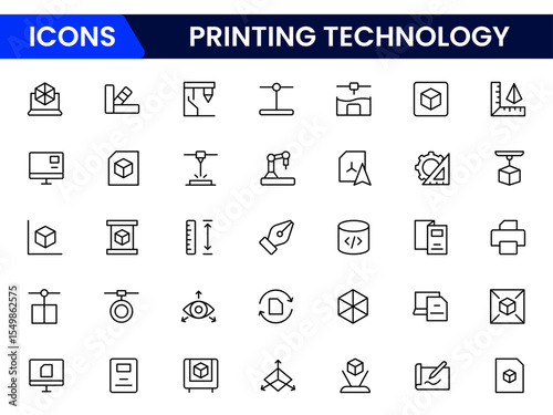 Futuristic vector web line icons depicting 3D, 4D printing, additive manufacturing, prototypes, and innovative fabrication for advanced technology solutions.