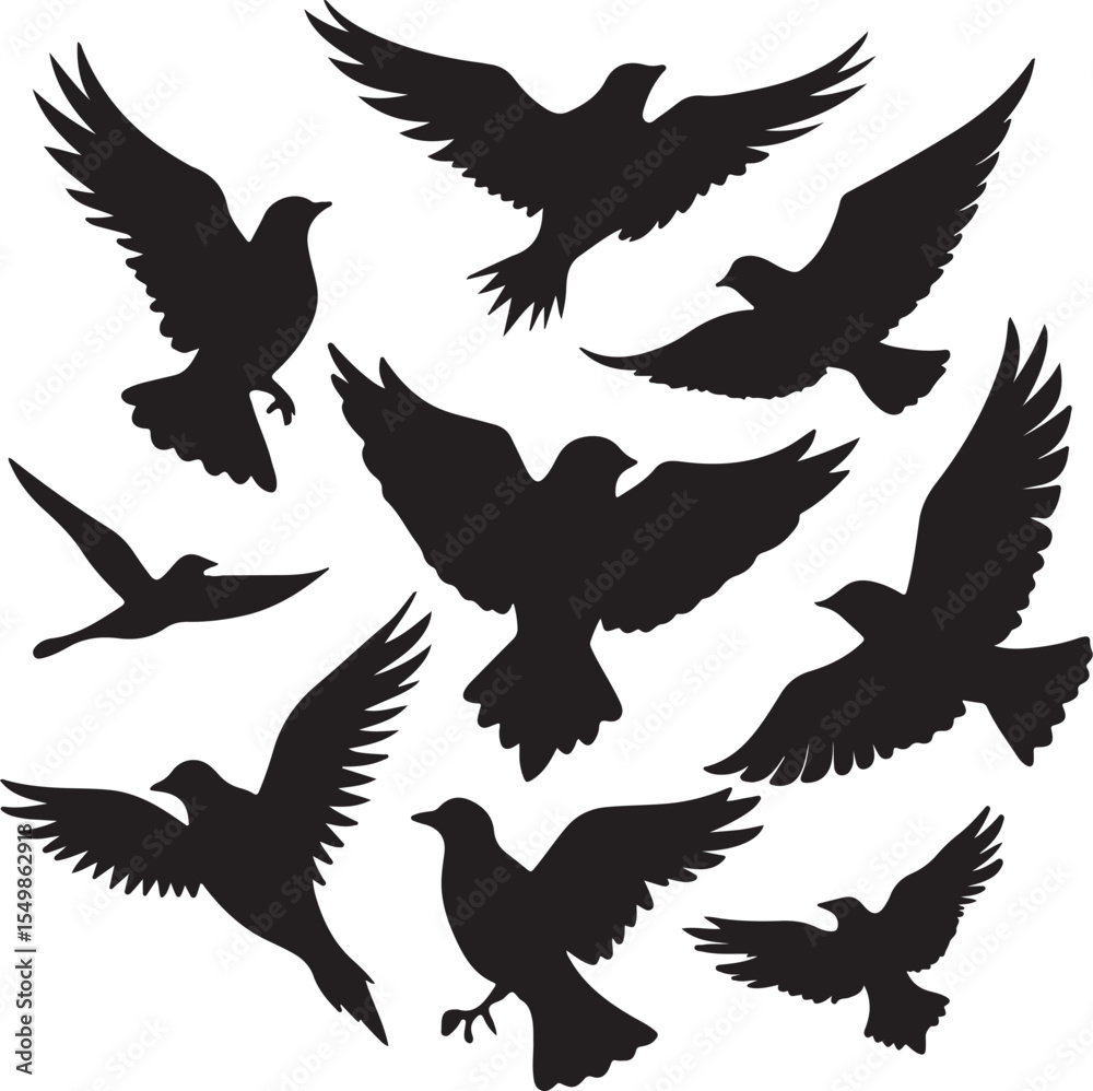 Obraz premium Flying Bird Silhouette Set – multiple birds in flight with varied wing positions.