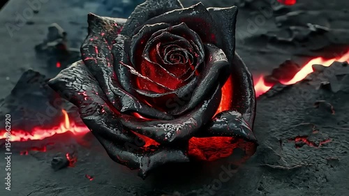 A beautiful black rose with glowing red and orange lava embers on its petals. Dark fantasy and gothic romance concept
