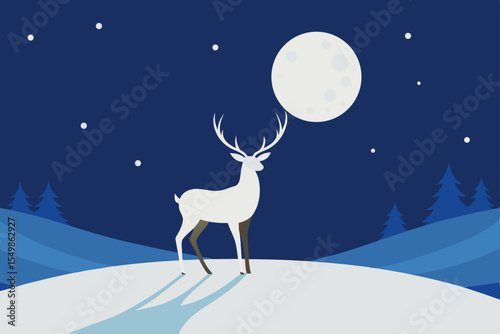 Majestic White Deer under the Winter Moon A Serene Night Scene Illustration
