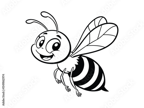 Cute, friendly bee. Cartoon happy flying bee with big kind eyes. Insect character. Vector isolated on a white background. Cartoon happy bee waving. 