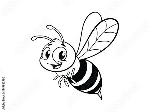 Cute, friendly bee. Cartoon happy flying bee with big kind eyes. Insect character. Vector isolated on a white background. Cartoon happy bee waving. 