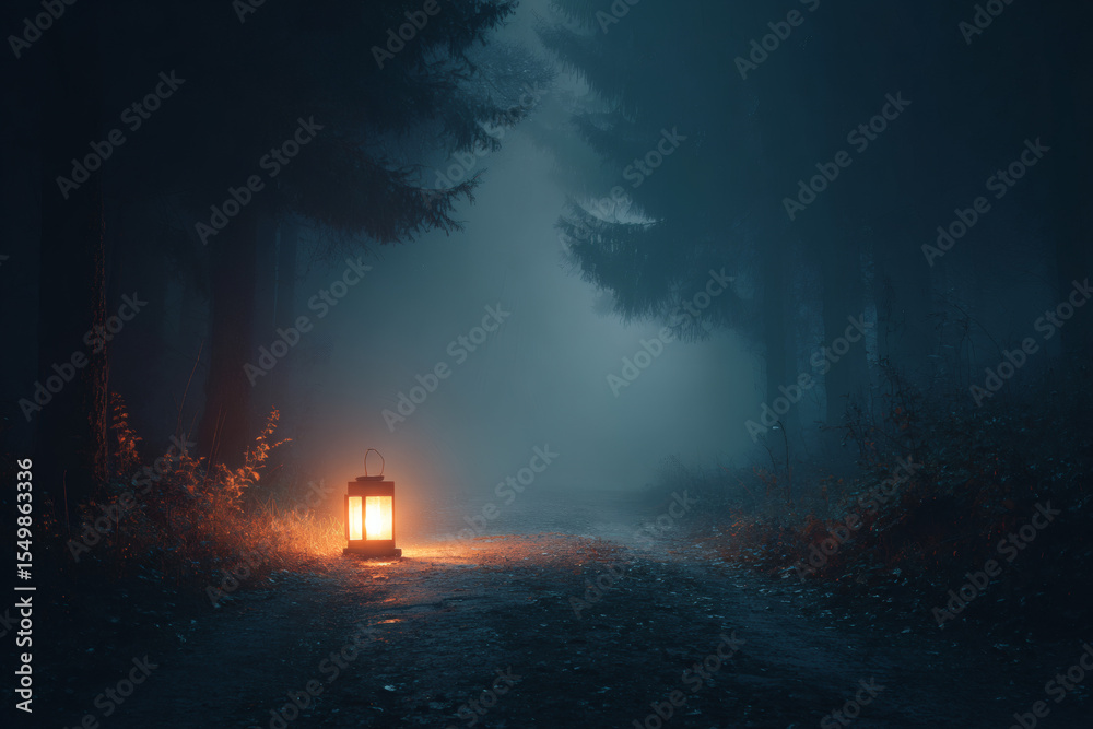 Fototapeta premium Glowing lantern illuminates a foggy forest path at dusk with warm light
