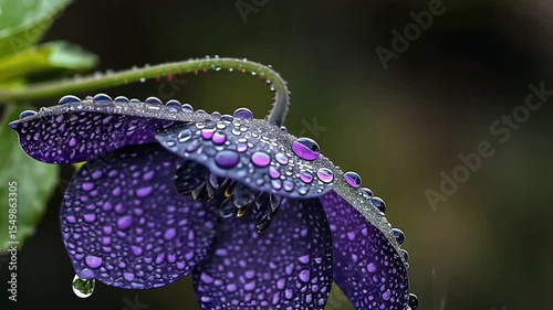 Macro close-up of a vibrant purple flower covered in fresh morning dew drops after a rain shower