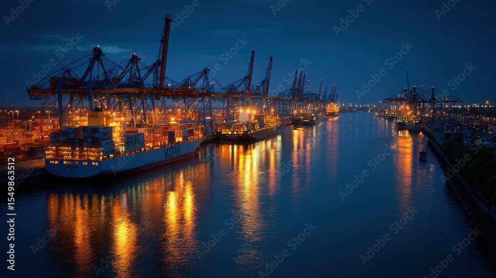 Fototapeta premium Germany, Hamburg, Container ships in Port of Hamburg at night.