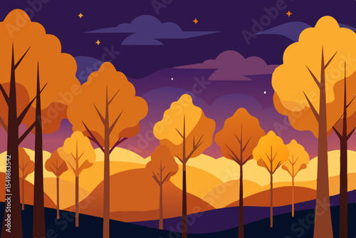 Autumn Twilight Golden Trees and Serene Night Landscape