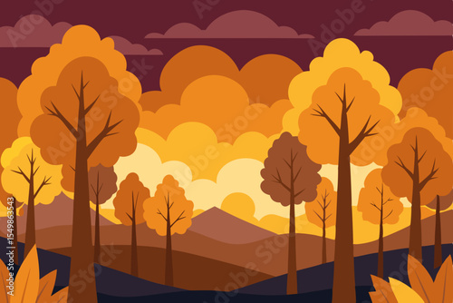 Autumnal Sunset Golden Trees and Hills Landscape Illustration
