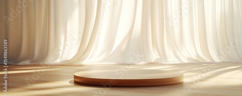 Sunlit Wooden Display Platform with Sheer Curtains, Product Photography, Minimalist Mockup Product Display, Mockup