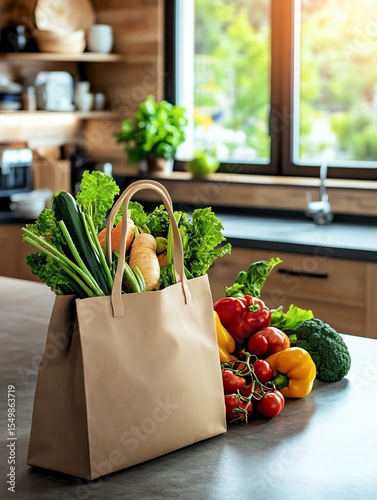 Fresh organic vegetables in a paper bag.