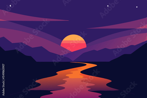 Serene Sunset Landscape River, Mountains, and Vibrant Colors