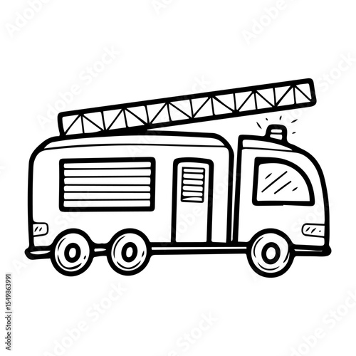 Fire truck. Hand drawn doodle vector. Special rescue transport. Emergency vehicle. Vehicle equipped with a ladder. Car for transporting firefighters. Illustration line art element.