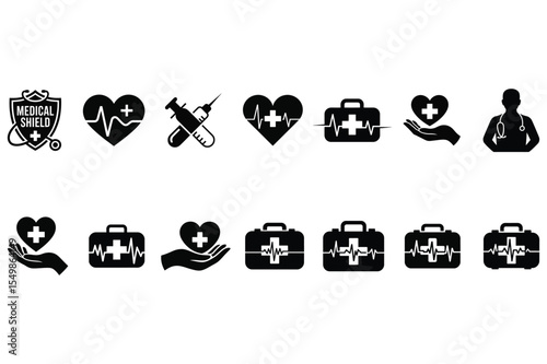 Collection of Medical Icons Heart, First Aid Kit, and Healthcare Symbols